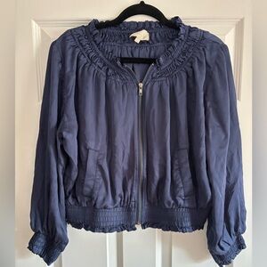 🟢LOVE SAM. Midnight blue silky blouse with ruched accents.